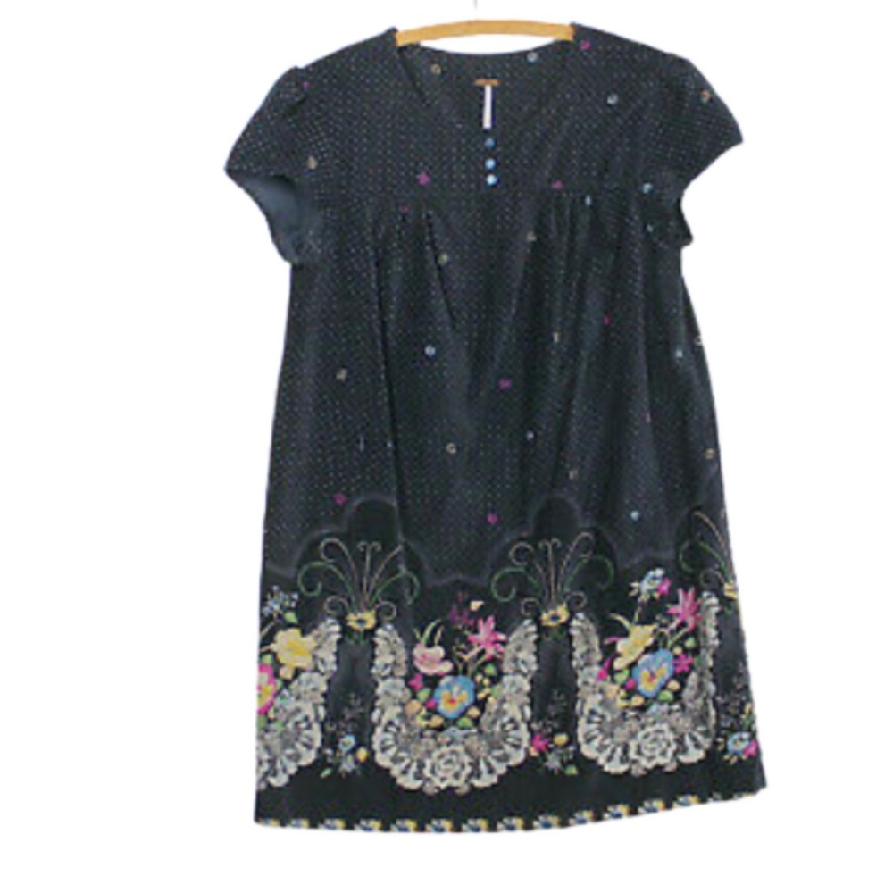 Free People A-line babydoll black polka dot floral cap sleeve velvet dress Sz 4